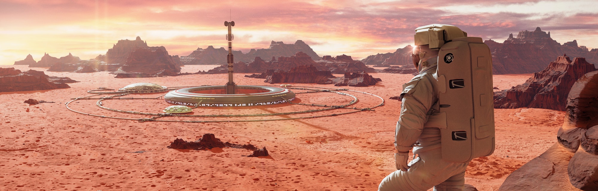 astronaut on planet Mars, looking at a martian colony (3d science illustration) 