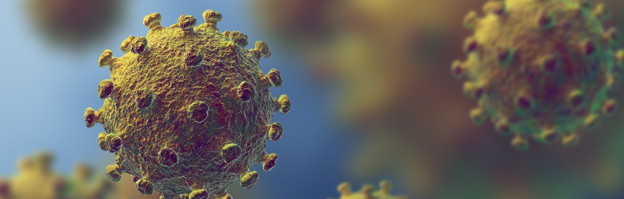 Flu or HIV coronavirus floating in fluid microscopic view, pandemic or virus infection concept - 3D ...