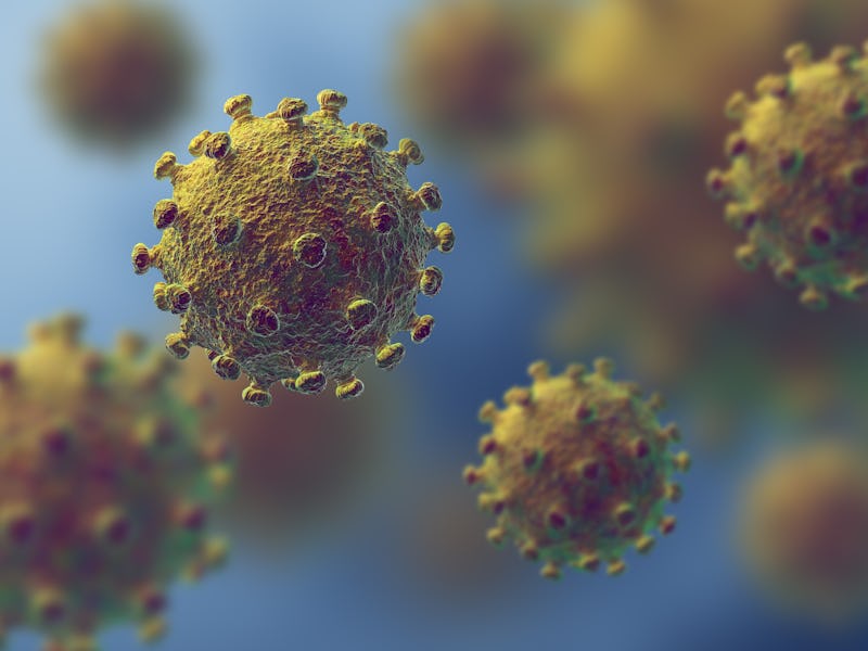 Flu or HIV coronavirus floating in fluid microscopic view, pandemic or virus infection concept - 3D ...