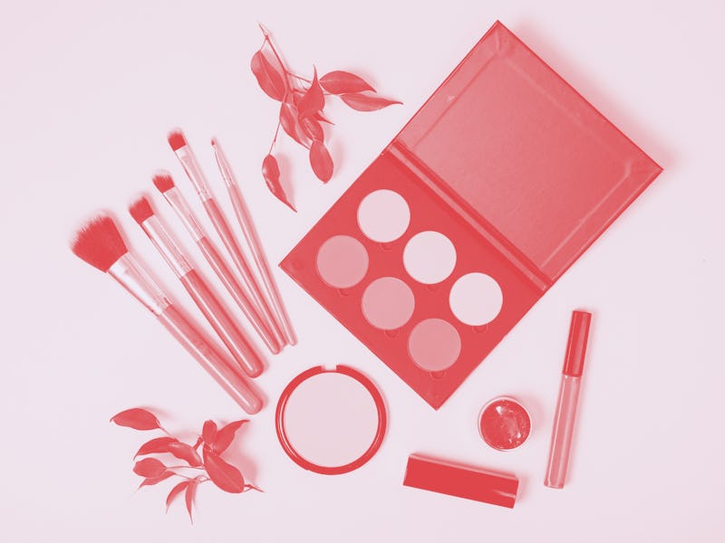 Professional makeup tools, flatlay on white background