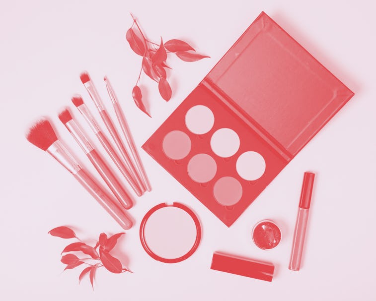 Professional makeup tools, flatlay on white background