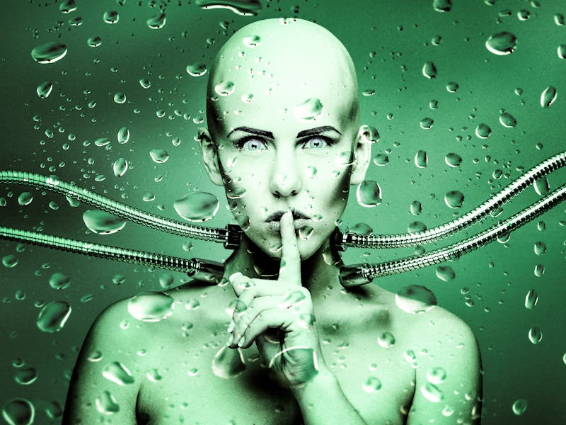 an underwater robot girl connected with metal cables