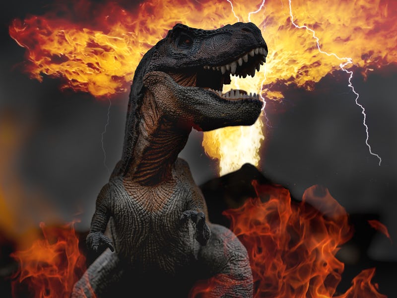toy photography of Dinosaur facing extinction with meteor shower thunder lighting and volcano erupti...