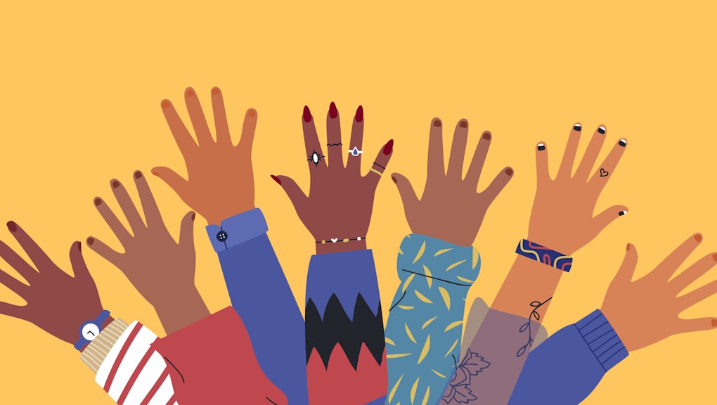 Diverse young people hands on isolated background. Teenager hand group with raised arm for celebration or friend community concept. Flat cartoon illustration of men and women arms.