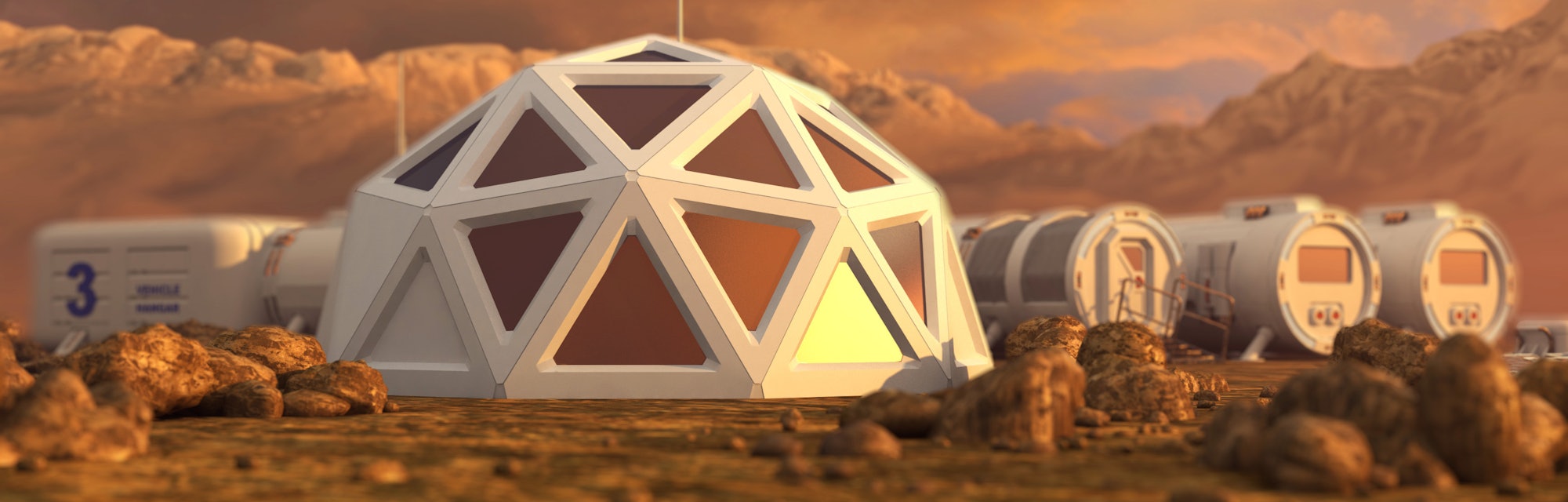 Storage warehouse. The colony on Mars. Autonomous life on Mars. 3D rendering