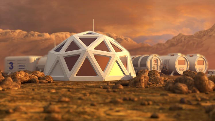 Storage warehouse. The colony on Mars. Autonomous life on Mars. 3D rendering