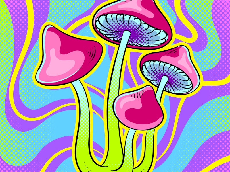 Narcotic psychodelic mushroom psilocybin pop art retro vector illustration. Comic book style imitati...