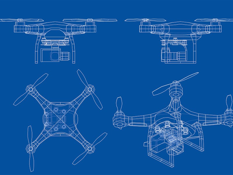 Drone concept. Vector rendering of 3d. Wire-frame style. The layers of visible and invisible lines a...