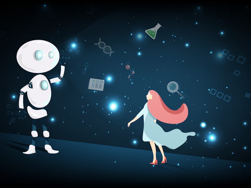 Artificial intelligence, robot with scientist in the galaxy and space, technology idea cartoon vecto...