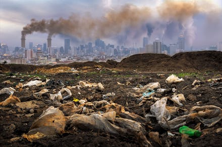 Toxic waste from human hands Industries that create pollution and cities that are affected by pollut...