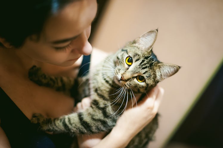 A woman looks down and holds her cat in her arms at home.