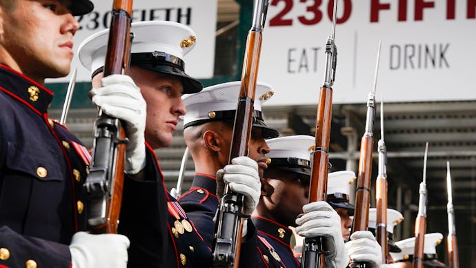 US Marines march in the 2019 New York City Veterans Day Parade in New York, New York, USA, 11 Novemb...