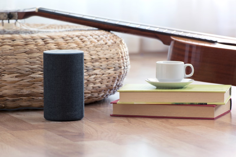 BARCELONA - JULY 2018: Amazon Echo Smart Home Alexa Voice Service in a living room on July 17, 2018 ...