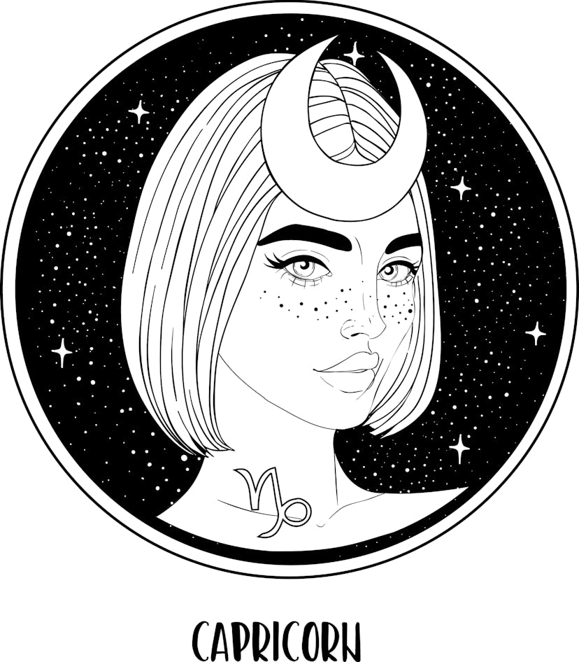 Illustration of Capricorn astrological sign as a beautiful girl. Zodiac vector drawing isolated in b...