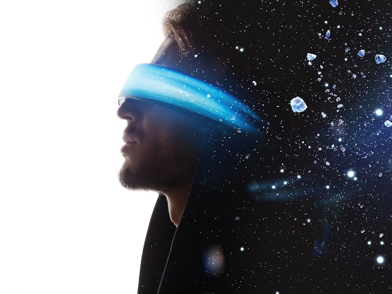Double exposure of male face. Abstract man portrait. Digital art. Guy in glasses of virtual reality....