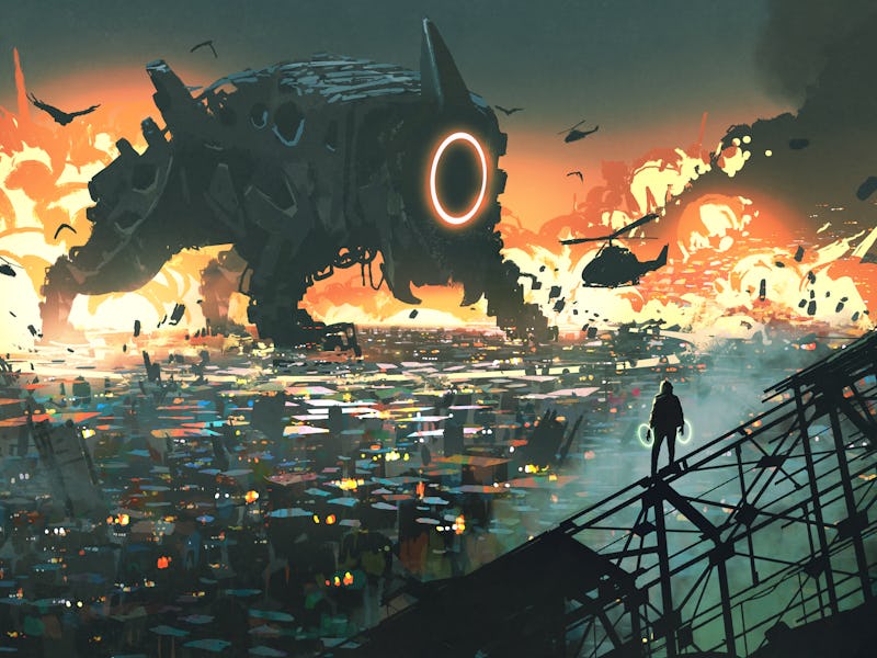 sci-fi scene of the creature machine invading city, digital art style, illustration painting
