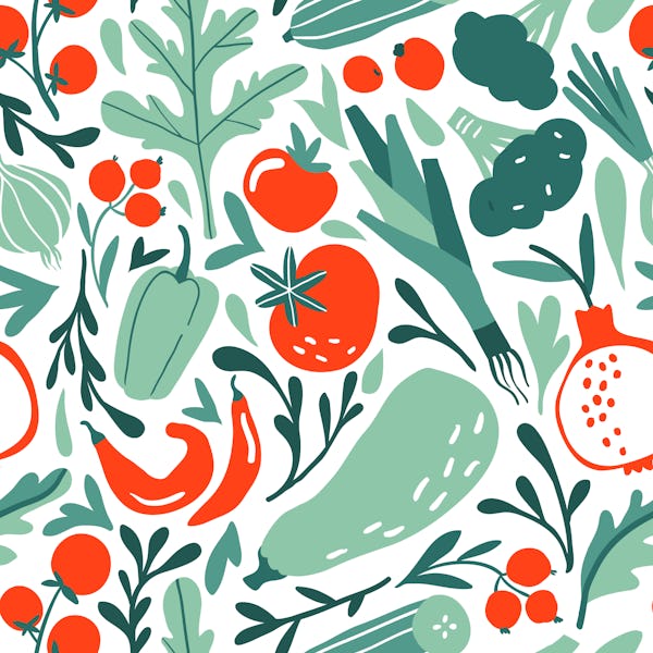 Seamless pattern with hand drawn red and green fruits, berries, vegetables. Flat pepper, tomato, lee...