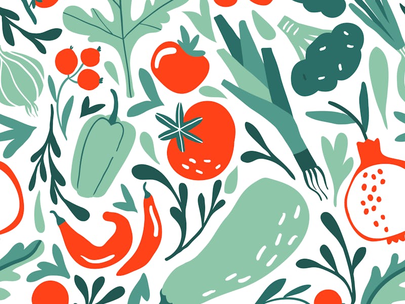 Seamless pattern with hand drawn red and green fruits, berries, vegetables. Flat pepper, tomato, lee...