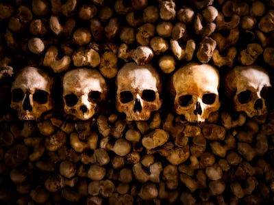 skulls and bones in Paris Catacombs France