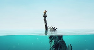 Big flood. Statue of Liberty under water after melting all glaciers. Climate change poster. 3d rende...
