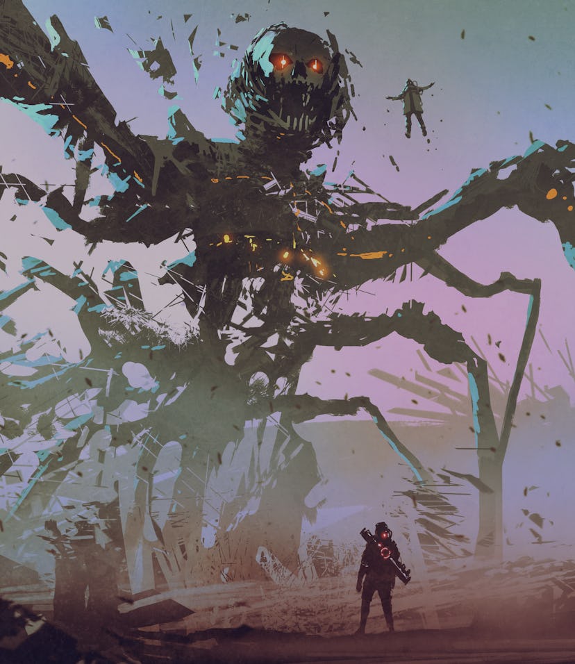 the man facing the giant spider robot, digital art style, illustration painting