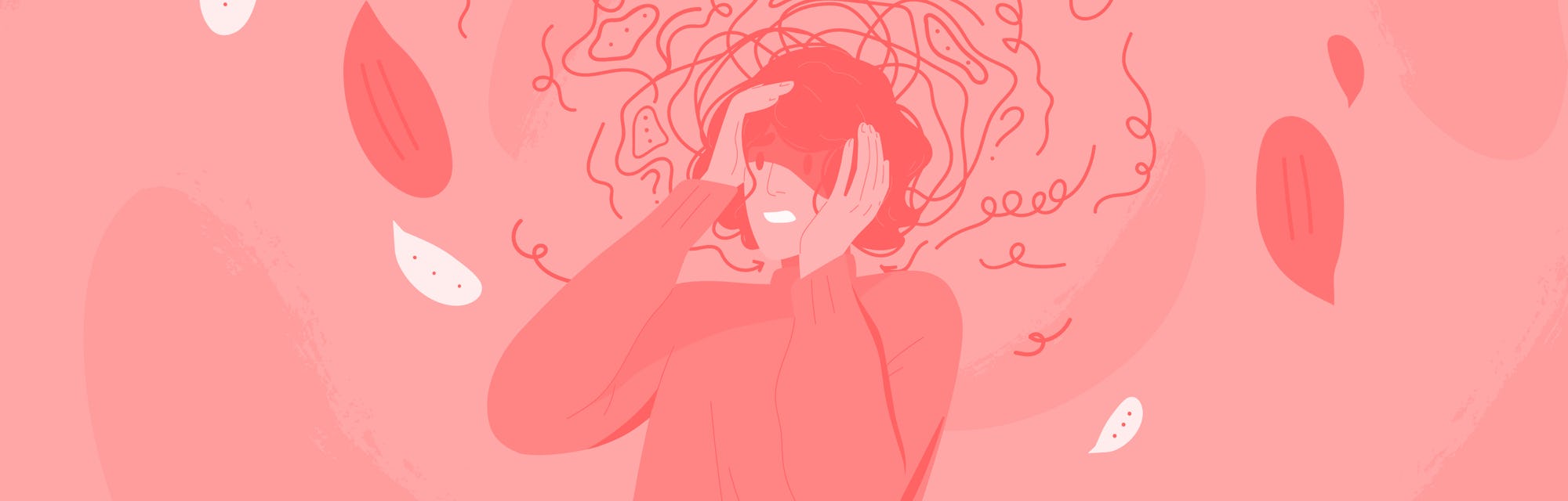 Frustrated woman with nervous problem feeling anxiety and confusion of thoughts vector flat illustra...