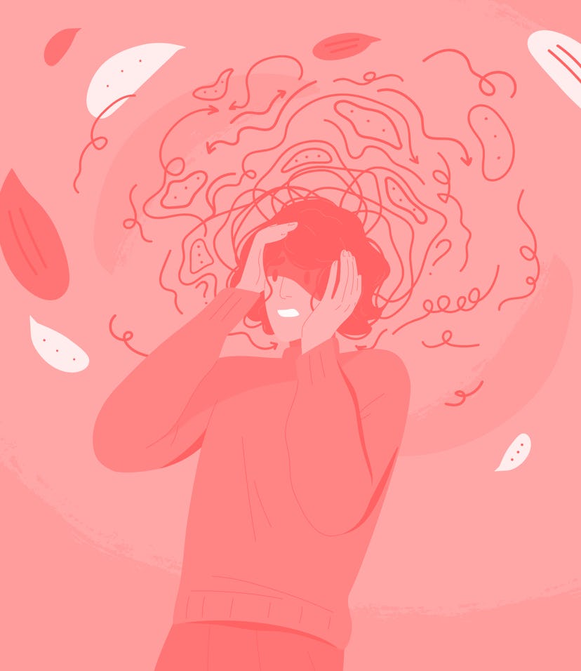 Frustrated woman with nervous problem feeling anxiety and confusion of thoughts vector flat illustra...