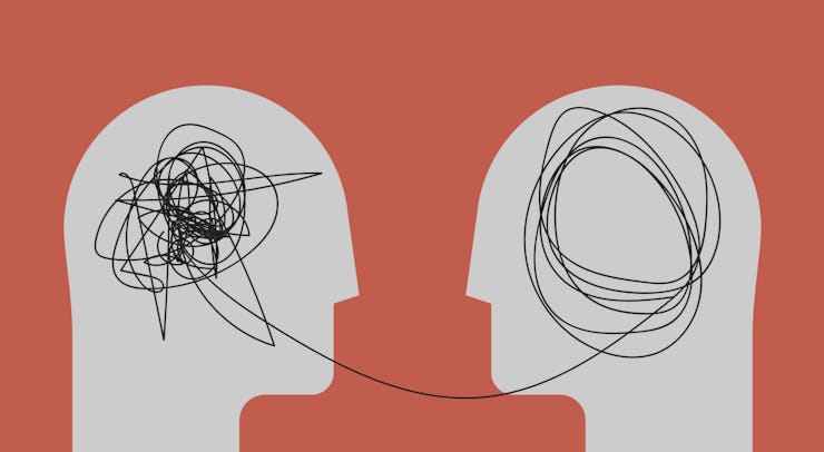 Two humans head silhouette psycho therapy concept. Therapist and patient. Vector illustration for ps...