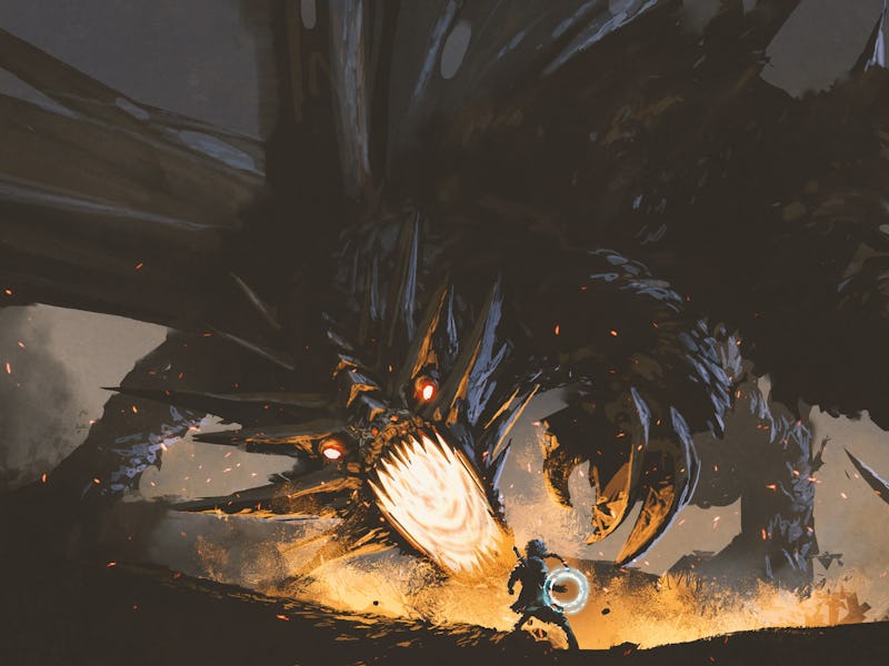 fantasy scene showing the girl fighting the fire dragon, digital art style, illustration painting