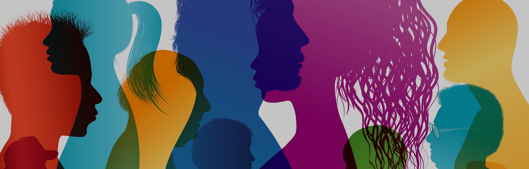 Silhouette profiles of multiracial people. Intercontinental dialogue. Group of people of different a...