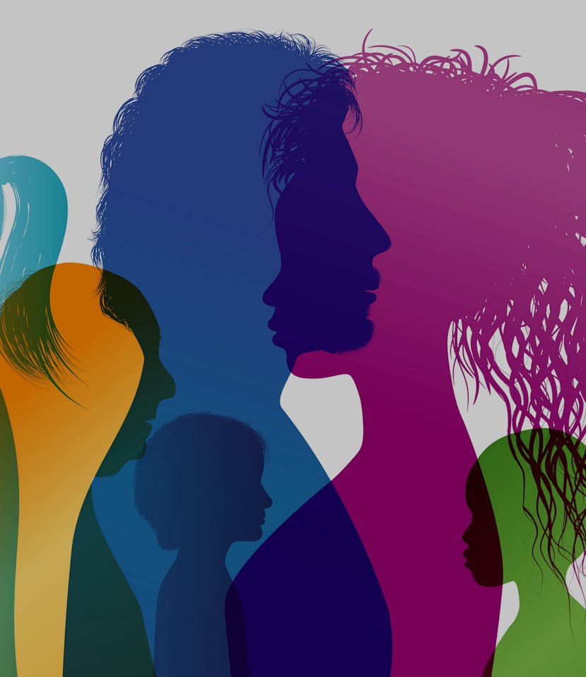 Silhouette profiles of multiracial people. Intercontinental dialogue. Group of people of different a...