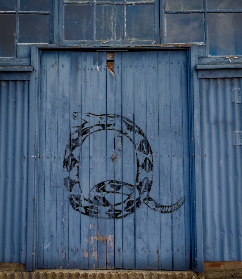 Snake graffiti on old warehouse door which shows the conspiracy theory secret society QAnon's signat...