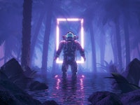 Psychedelic jungle astronaut / 3D illustration of science fiction scene showing surreal astronaut in...
