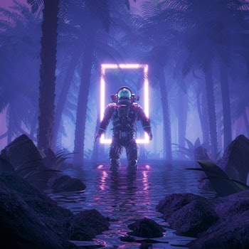 Psychedelic jungle astronaut / 3D illustration of science fiction scene showing surreal astronaut in...