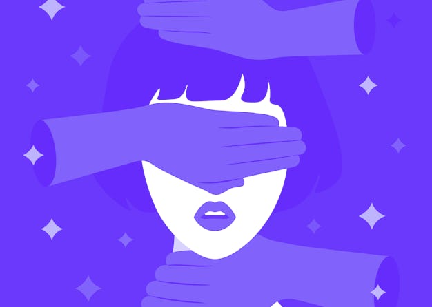 Psychological violence against a woman. The dominant colors in this artistic depiction are red, whit...