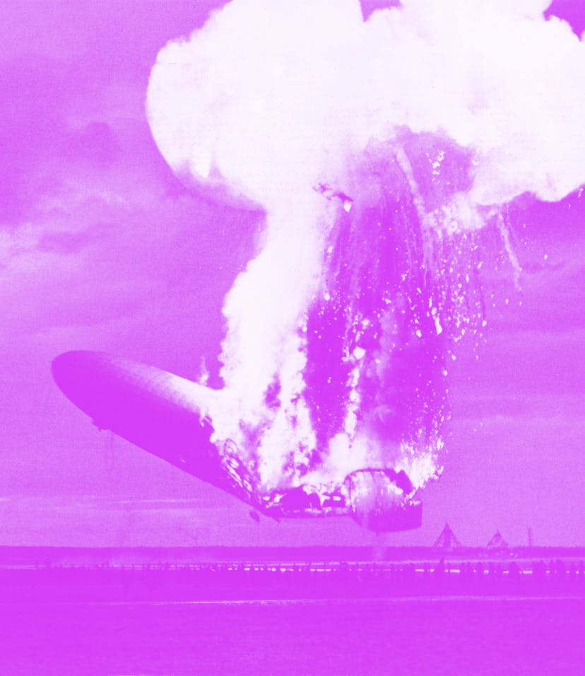 Left side view of German airship 'Hindenburg' burning, at Lakehurst, N.J., May 6, 1937. Hindenburg u...