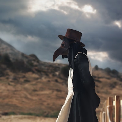 A man in historical masquerade costume of plague doctor in old grange castle near the mountains. Epi...