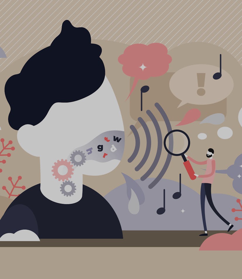 Phonetics vector illustration. Flat tiny linguistic sounds person concept. Abstract articulatory, ac...