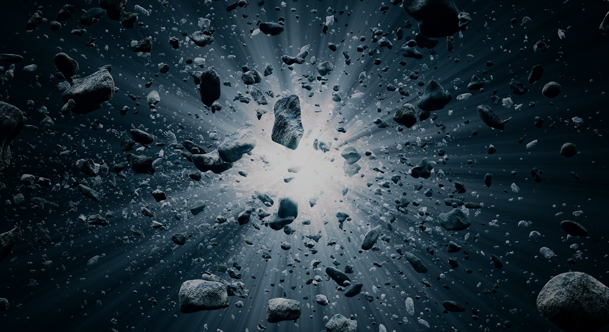 Rocks and debris flying through space after a huge big bang explosion (3D render)