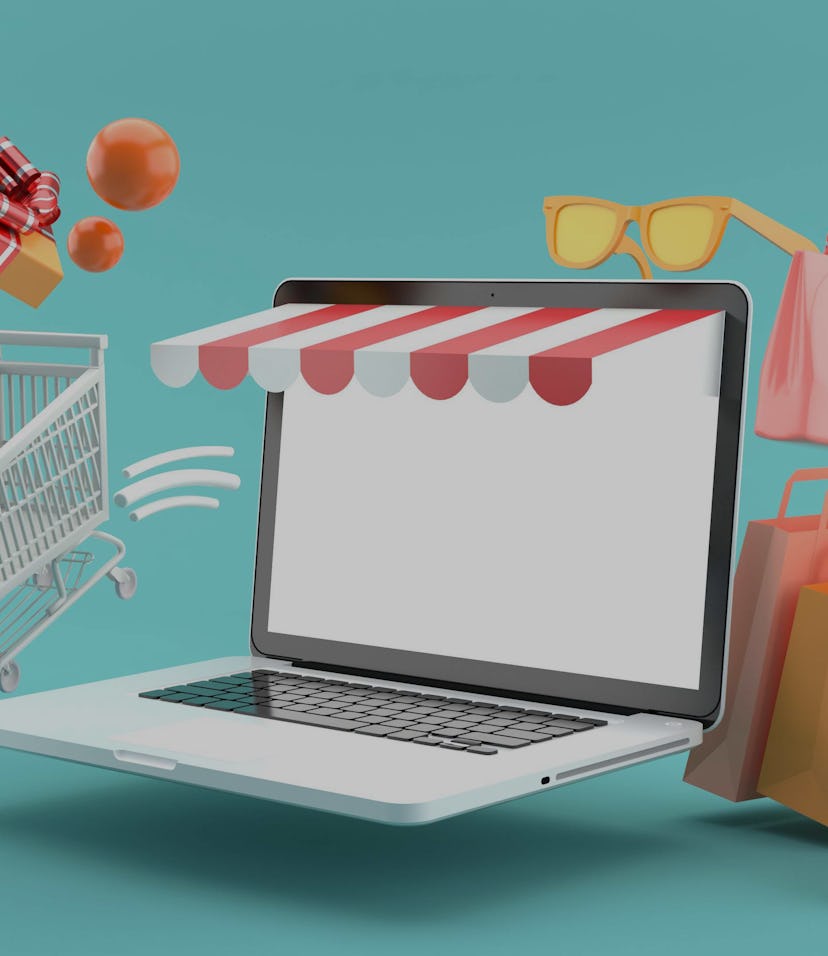 The shopping cart floating out of the online store on a blue background.-3d rendering.