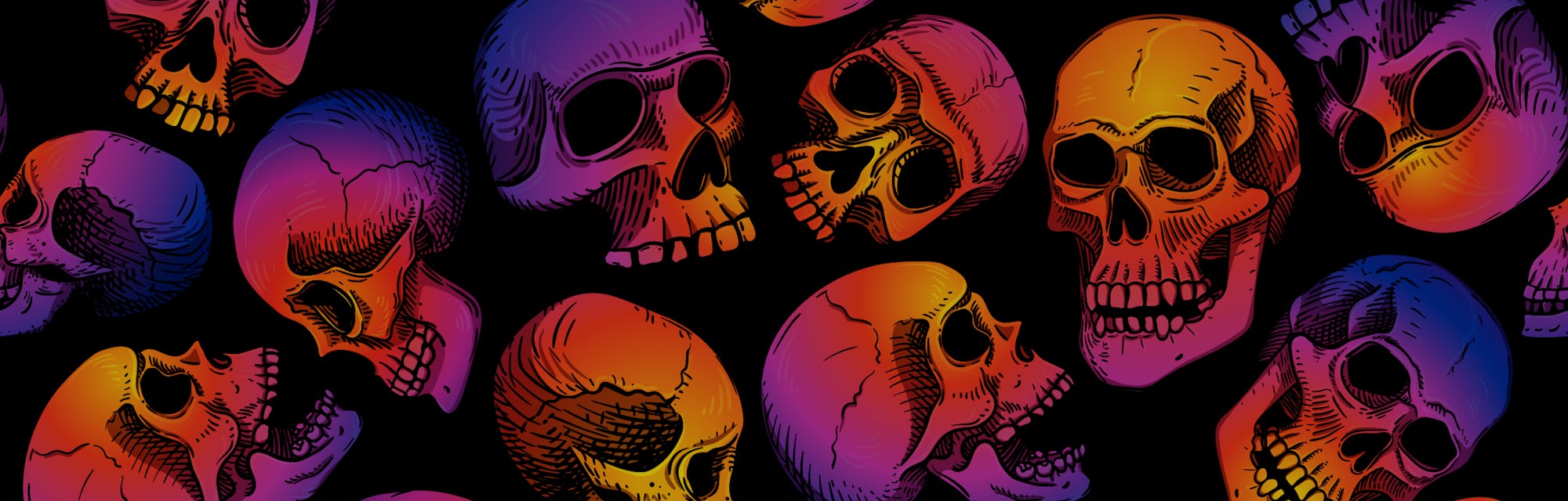 Vector seamless pattern with human skulls. Gradient fill, bright trend colors: purple, orange, blue ...