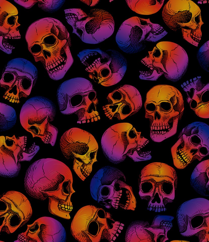 Vector seamless pattern with human skulls. Gradient fill, bright trend colors: purple, orange, blue ...