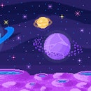 Space planet in pixel art. Background of space planet. Crater landscape with mountains, planet and s...