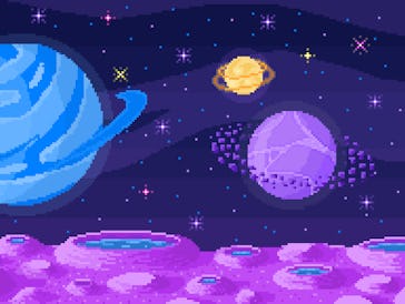 Space planet in pixel art. Background of space planet. Crater landscape with mountains, planet and s...