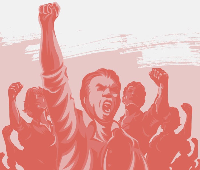 Crowd of People with their hands and fist raised in the air vector illustration. Revolution politica...