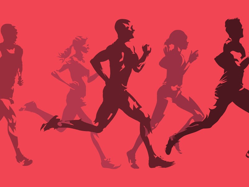 Running men and women, active people. Monochromatic isolated vector silhouettes
