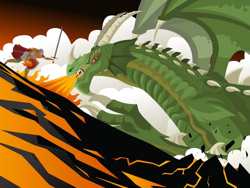 rpg fantasy knight fighting a green dragon in the volcano