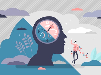 Circadian rhythm concept, tiny person vector illustration. Day and night cycle scheme. Daily human b...