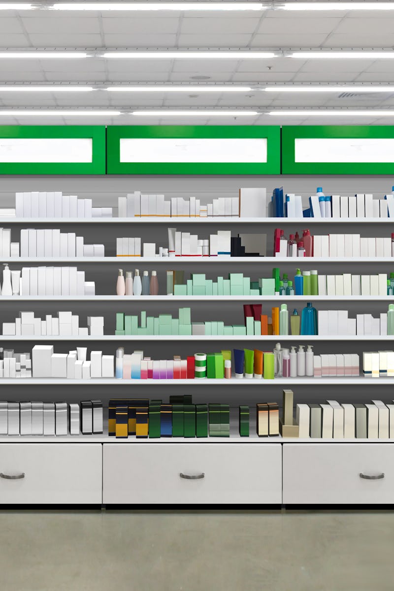 Drugs and pills on shelf. Skincare and Cosmetic products on shelves in pharmacy store interior. 3D r...