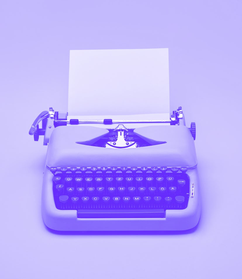 Chic retro typewriter with a paper sheet on the yellow background in the studio.